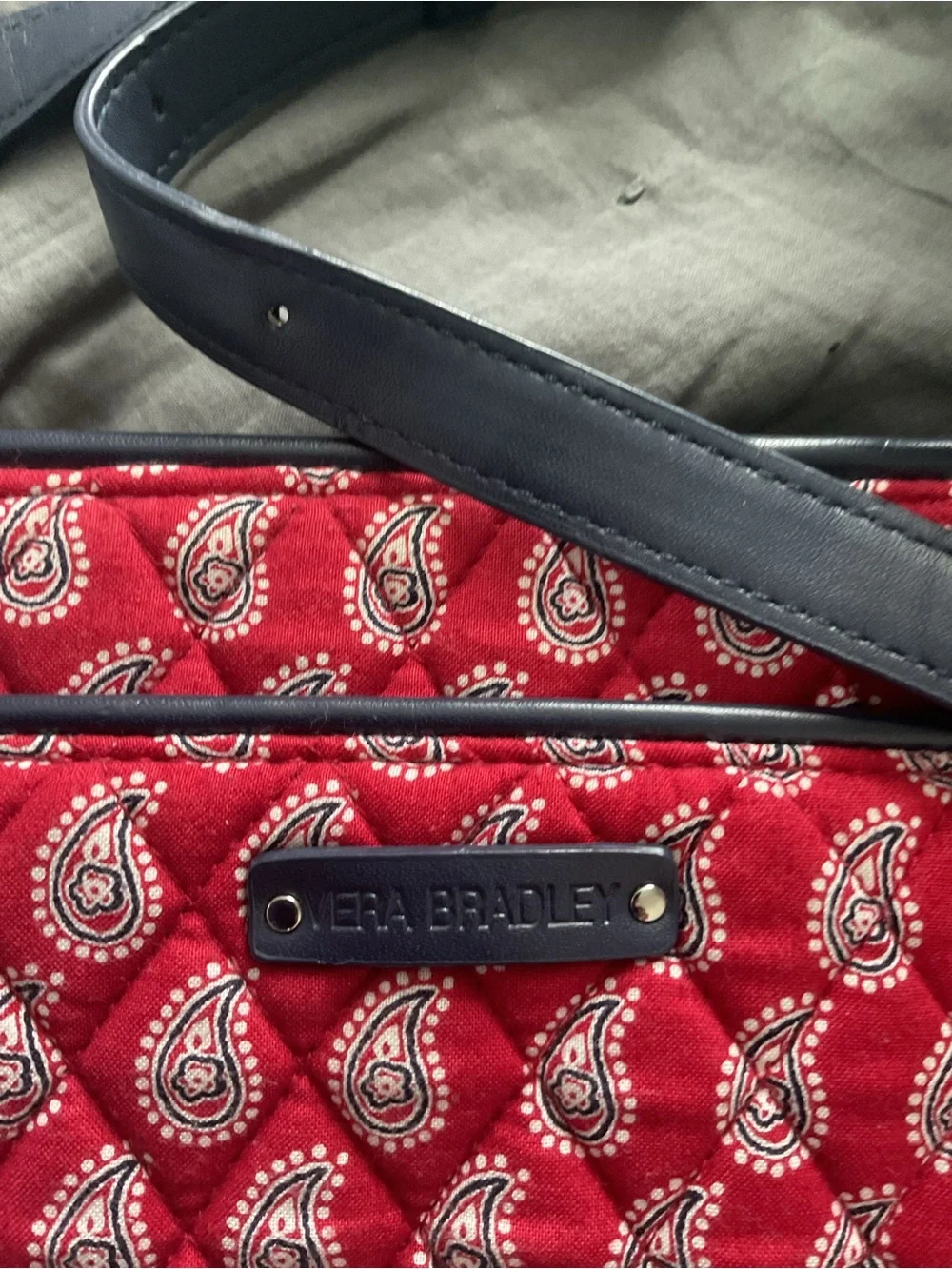 Vera Bradley Red Paisley Crossbody with Navy Trim and Strap, faux-leather trim.